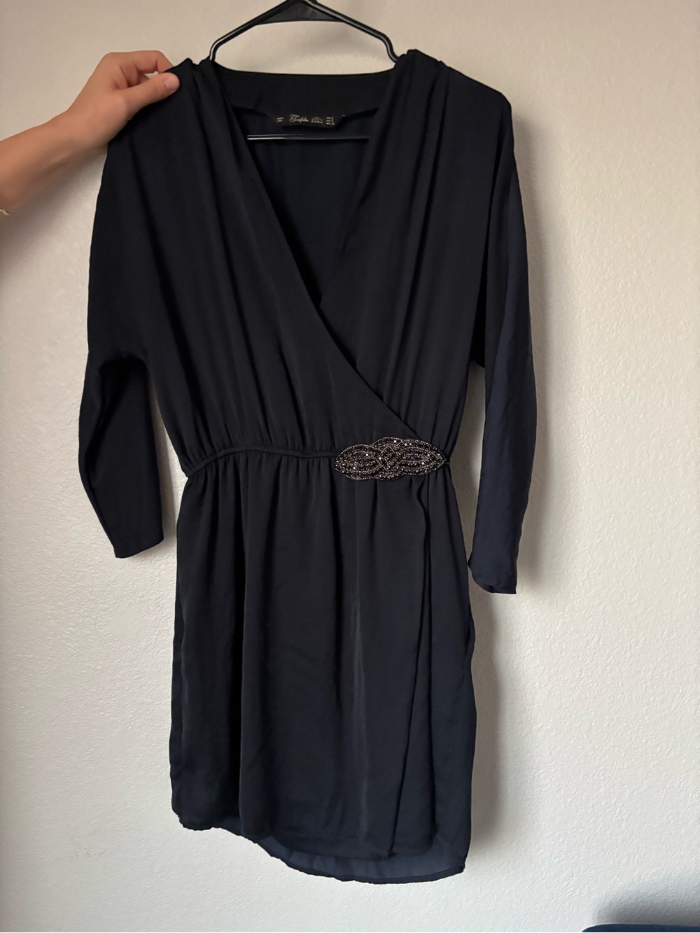 Zara Black Long-Sleeve Wrap Dress with Beaded Waist Detail